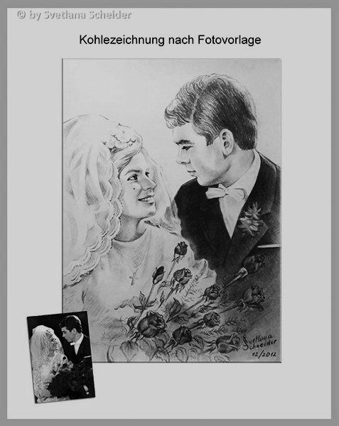 Nr.153 "Hochzeitbild", Kohlestift auf Malpapier, 30 x 40 cm, 2012. (Porträt mit Originalfoto zum Vergleich)